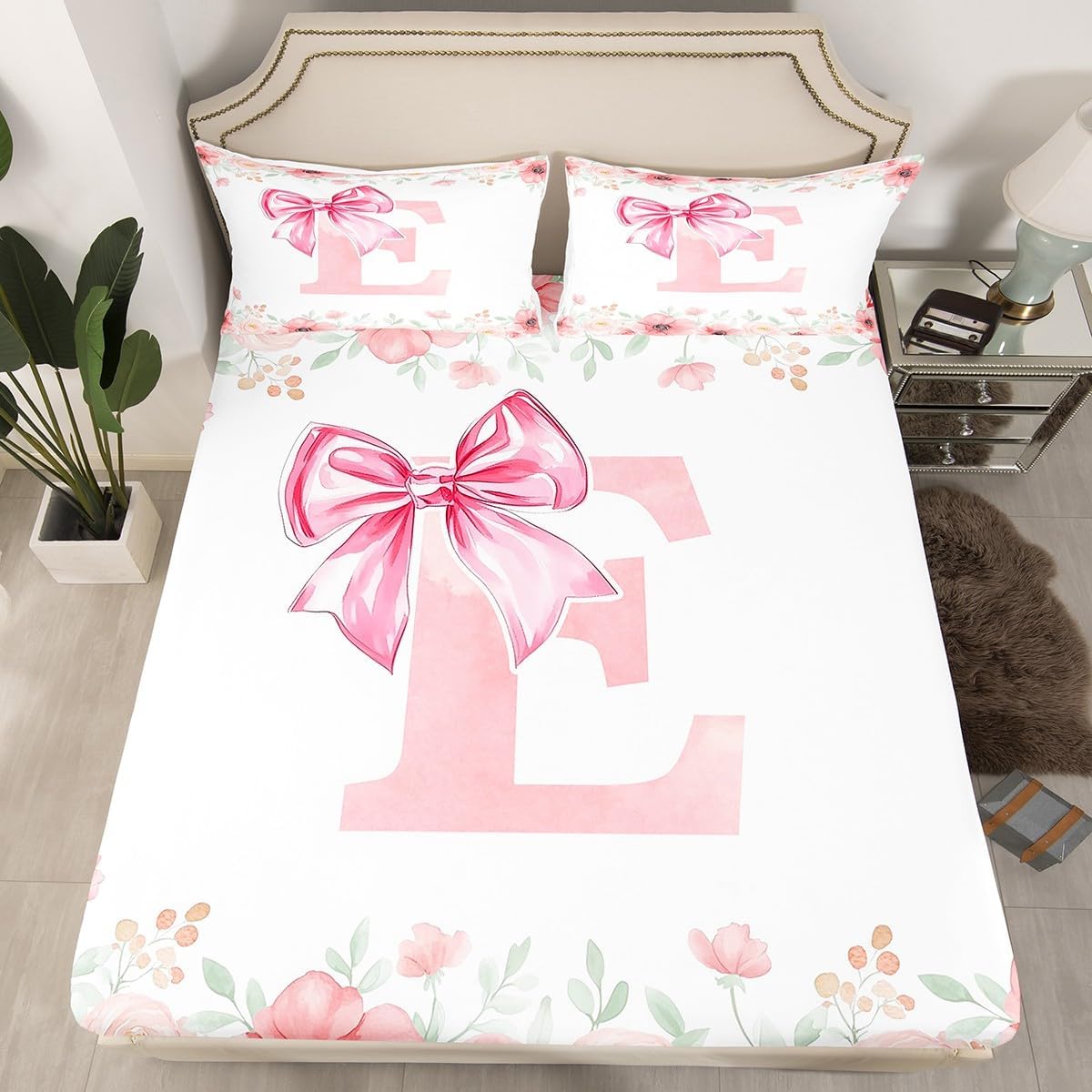 Erosebridal Dreamy Princess Bowknot Full Bed Sheets, Pink Initial Letter M Fitted Sheet Cute Kawaii Letter Bow Bed Sets Romantic Flower Floral Bowknot Bedding Decor Set 3 Pieces with 2 Pillowcases