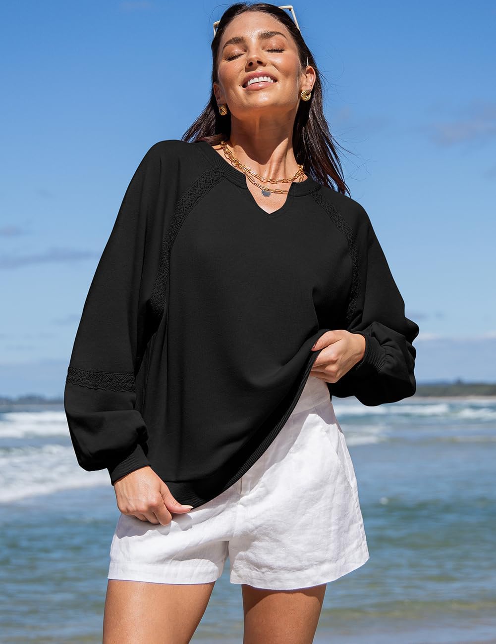 UEU Womens V Neck Crochet Sweatshirt Long Sleeve Oversized Pullover Loose Fit Casual Knit Tops Lightweight Sweater Shirt - Image 3