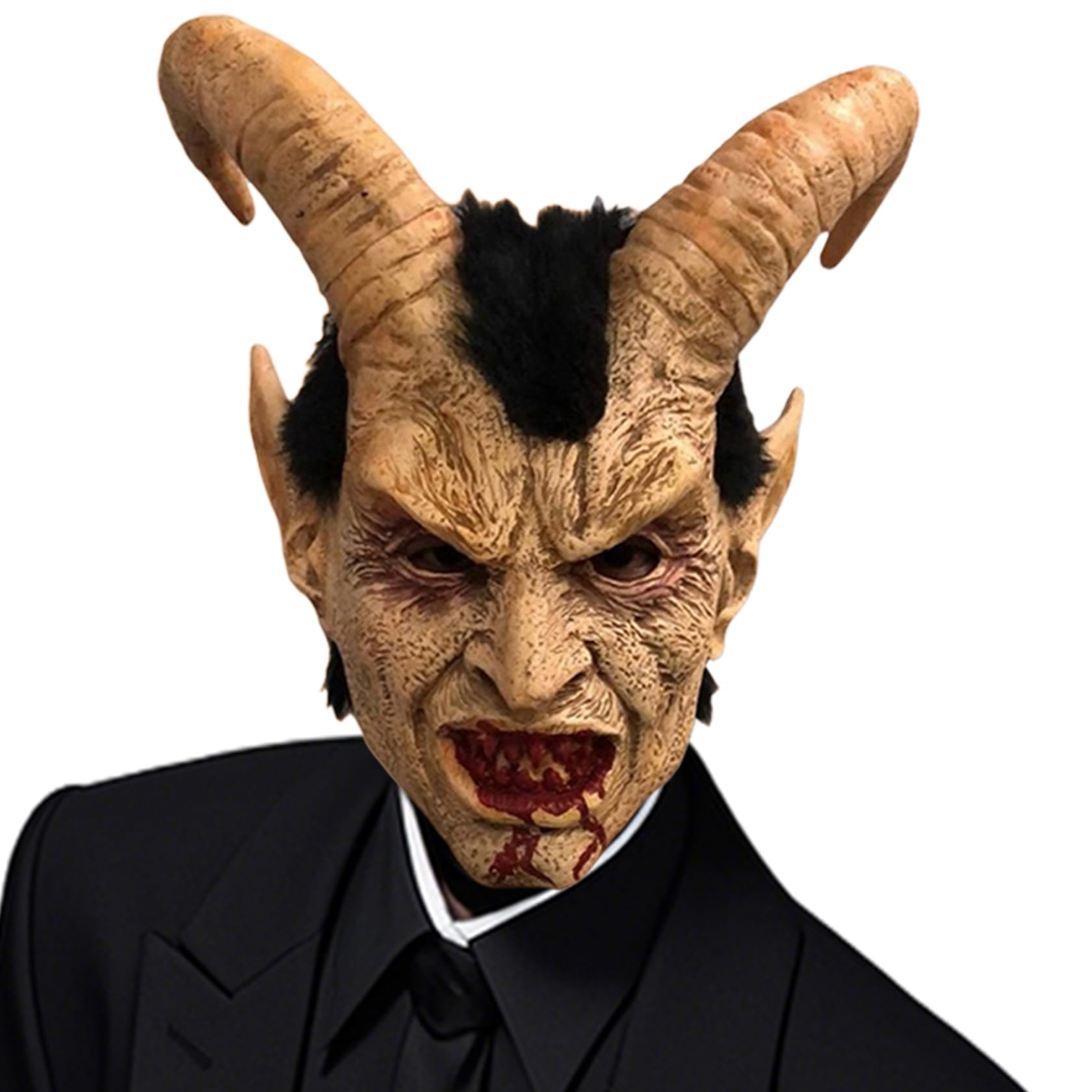 Bemonew Demon Mask Realistic Full Face Animal Skull Mask with Hair & Bloody Mouth & Special Ears Scary Halloween Decorations for Adult