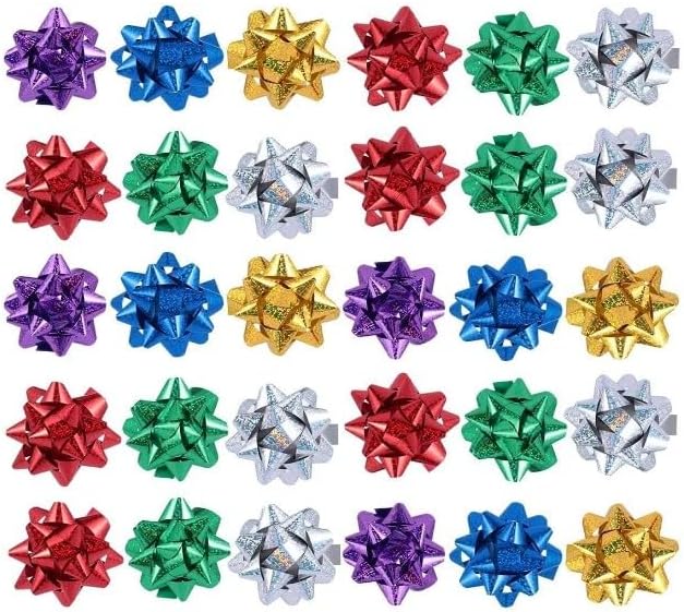 50 Pcs Colorful 1 Inch Gift Bows Mini Christmas Bows Metallic Star Bows Party Gifts Wrapping Bows Adhesive Holiday Presents Bows for Valentine's Day, Gift Wrapping Supplies