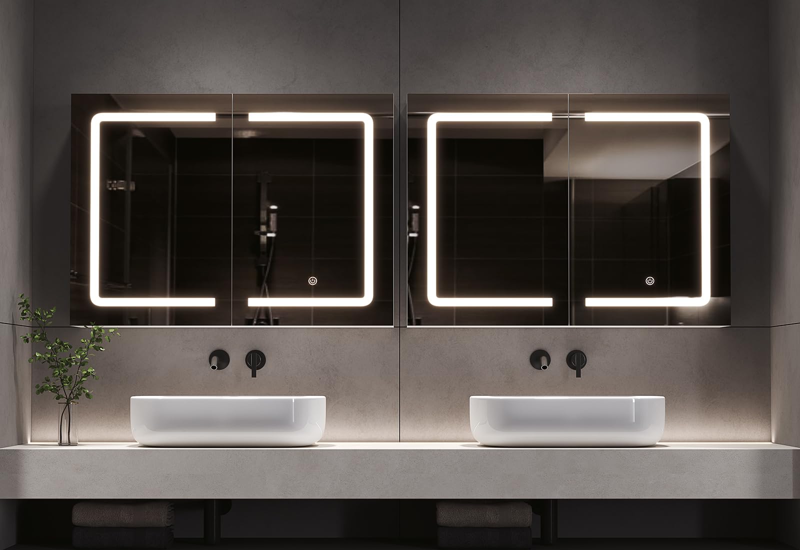 DICTAC Armario de Baño Con Espejo e Iluminación, 80x16x60 cm, Con Enchufe, Puerta Doble, Estante, Interruptor de Sensor Táctil, 80 cm de Ancho