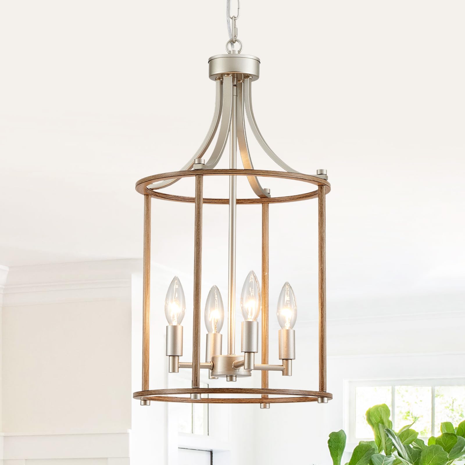 Photo 1 of XINGQI Farmhouse Chandeliers for Dining Room,4 Light Nickel Wood Grain Finish Hanging Lantern Pendant Lighting Fixture for Staircase Foyer Kitchen Island Dinning Room Living Room