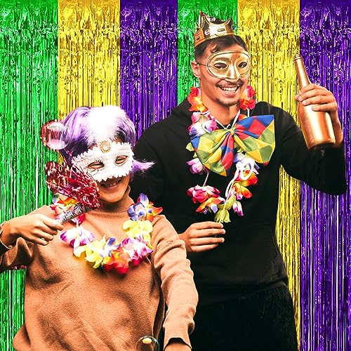 Image of 6 Pack Gold Green Purple Foil Fringe Curtain Backdrop, 3.28Ft x 8.2Ft Metallic Tinsel Foil Fringe Streamer Curtains for Photo Booth, Christmas Day, Thanksgiving, Wedding, New Year Party Decorations