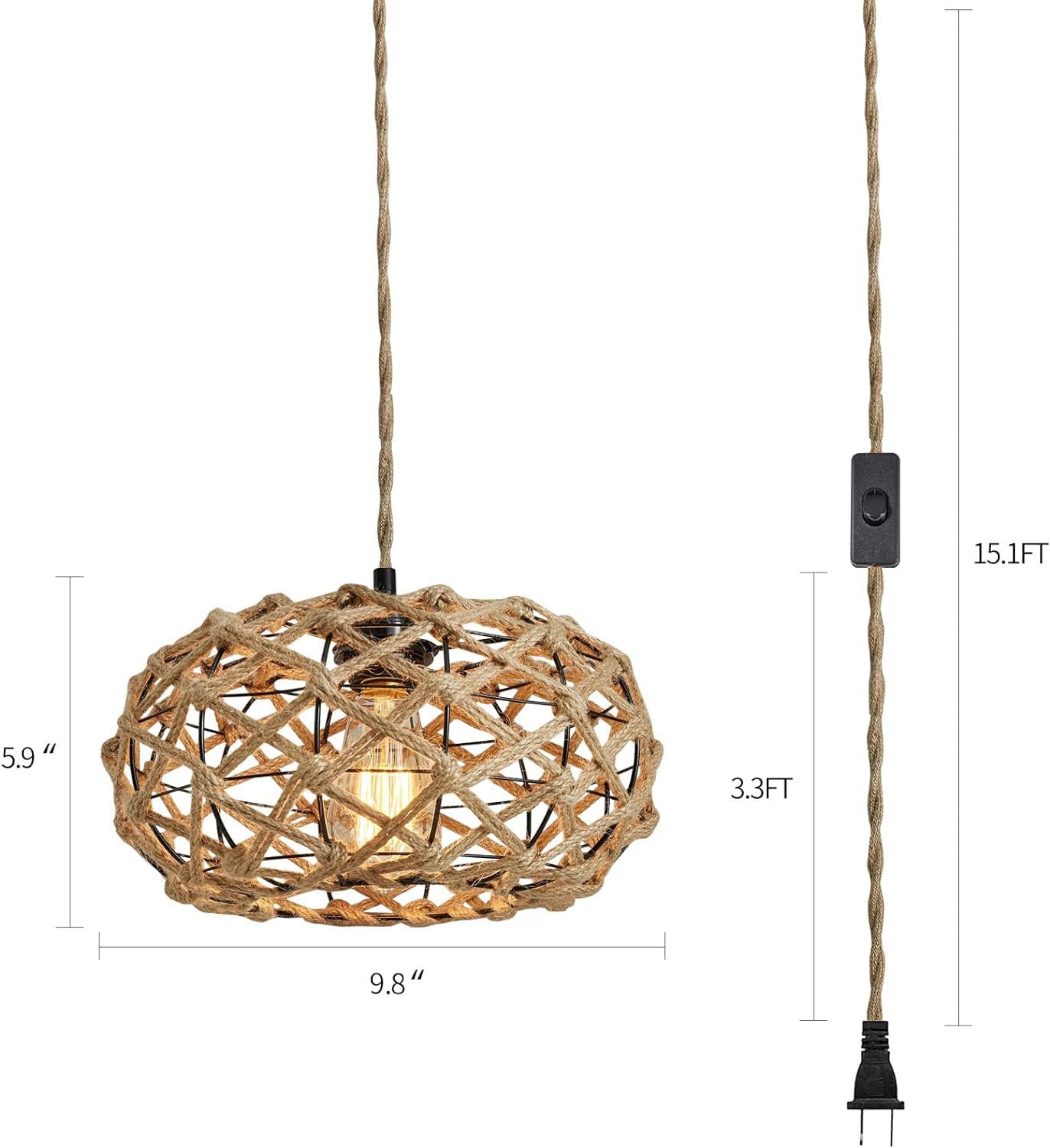 CAFULAM Pendtlit Hand-Woven Rattan Pendant Light Rustic Hemp Rope Cage Basket,Industrial Plug in Pendant Light with On/Off Switch, Hanging Lights with Plug in Cord 15ft Hemp Rope Hanging Lamp