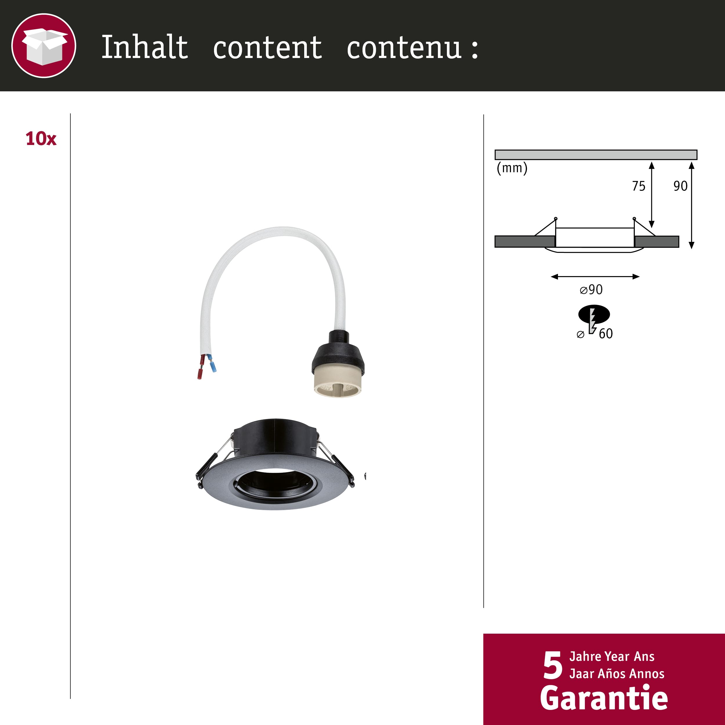 Paulmann 92120 Einbauleuchte 10er-Set starr rund 90mm GU10 max. 10x10W 230V Schwarz Einbaulampe