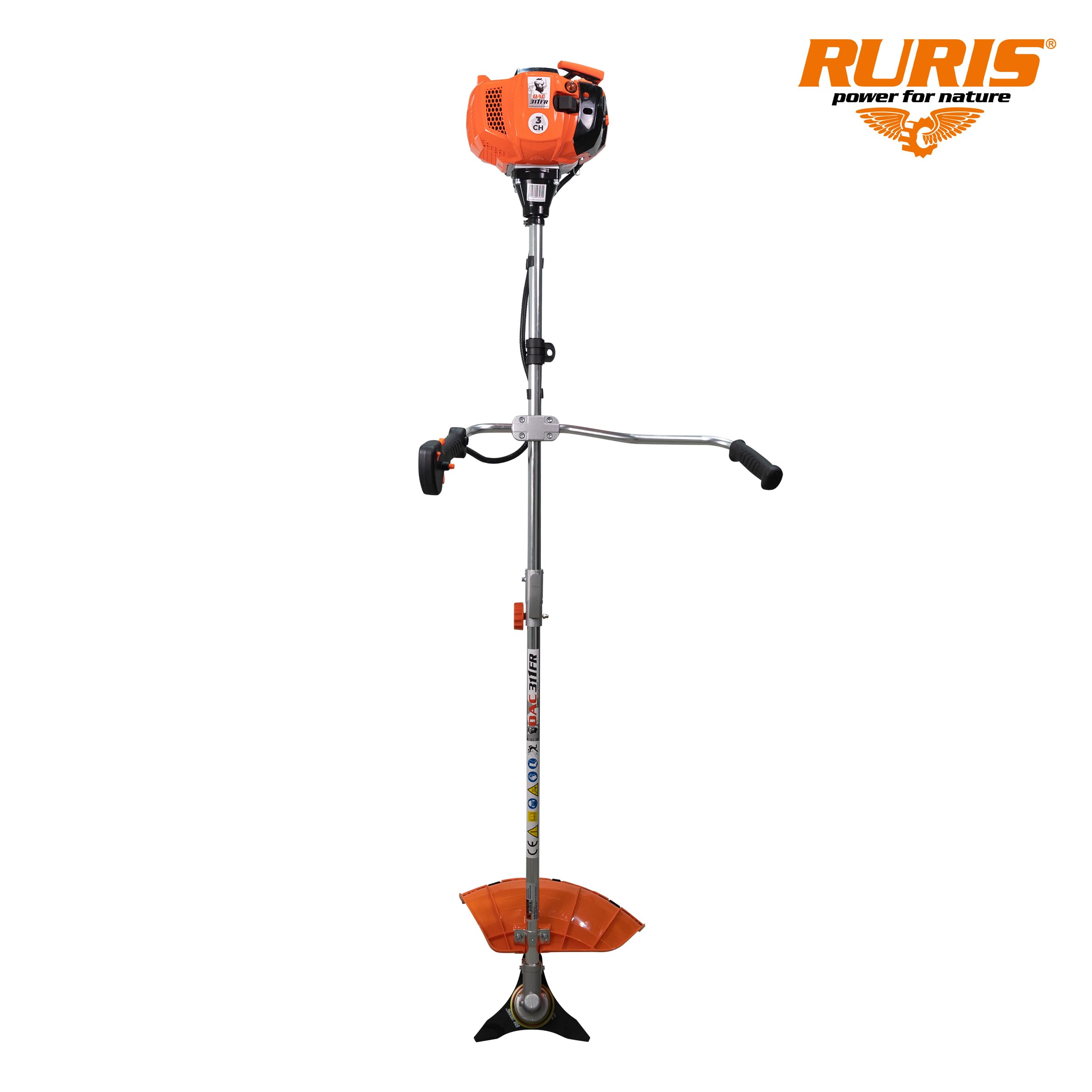 RURIS Termiczna kosiarka spalinowa DAC 311fr TEZ 52 cm³, 3 KM, 2-suwowa, szerokość 250 mm, zestaw w zestawie z uprzężą, 2 x tarczą, głowicą i drutem tnącym - do ogrodu i krawędzi