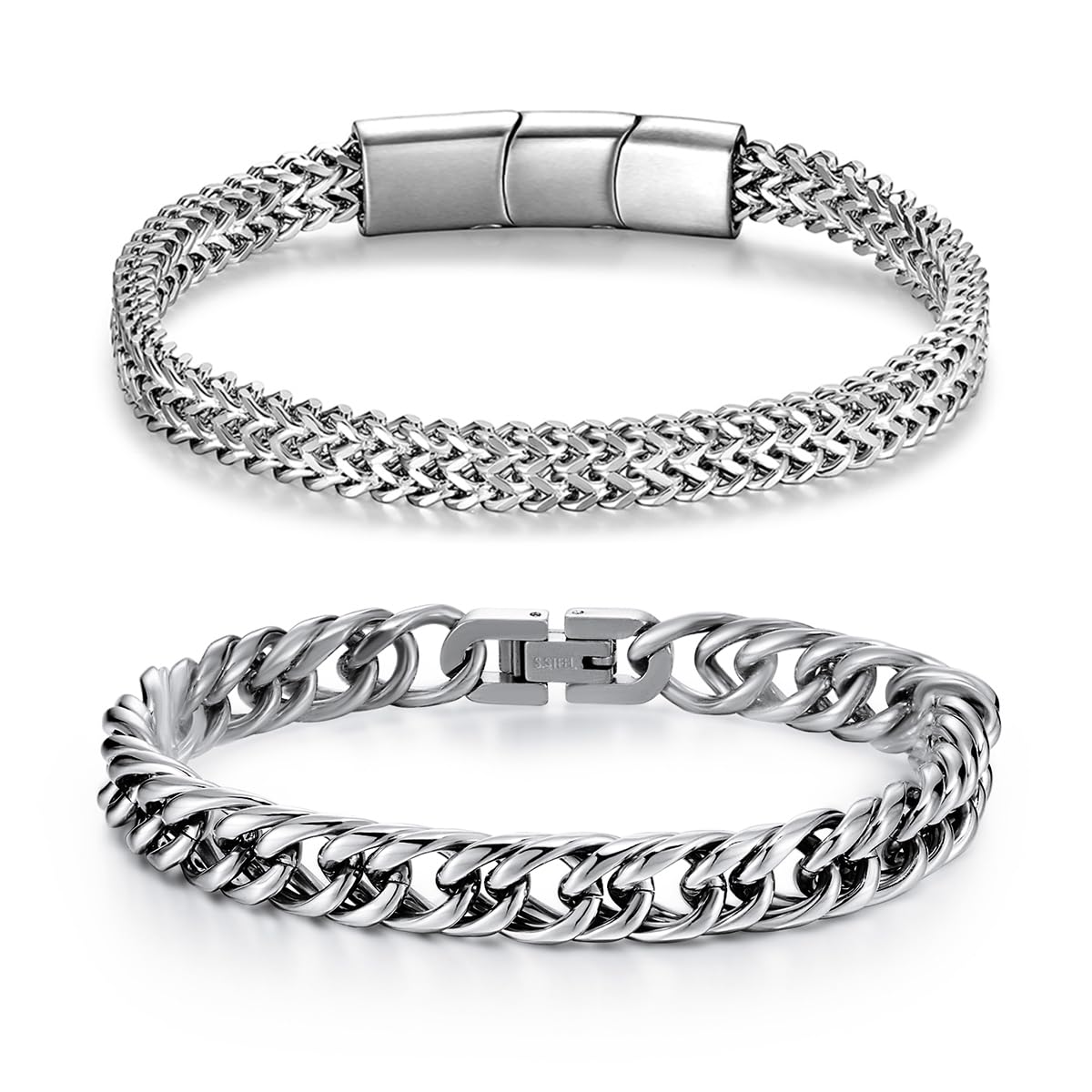 2PCS Bracelets For Man, Silver Stainless Steel Cuban Link Chain for Men Jewelry