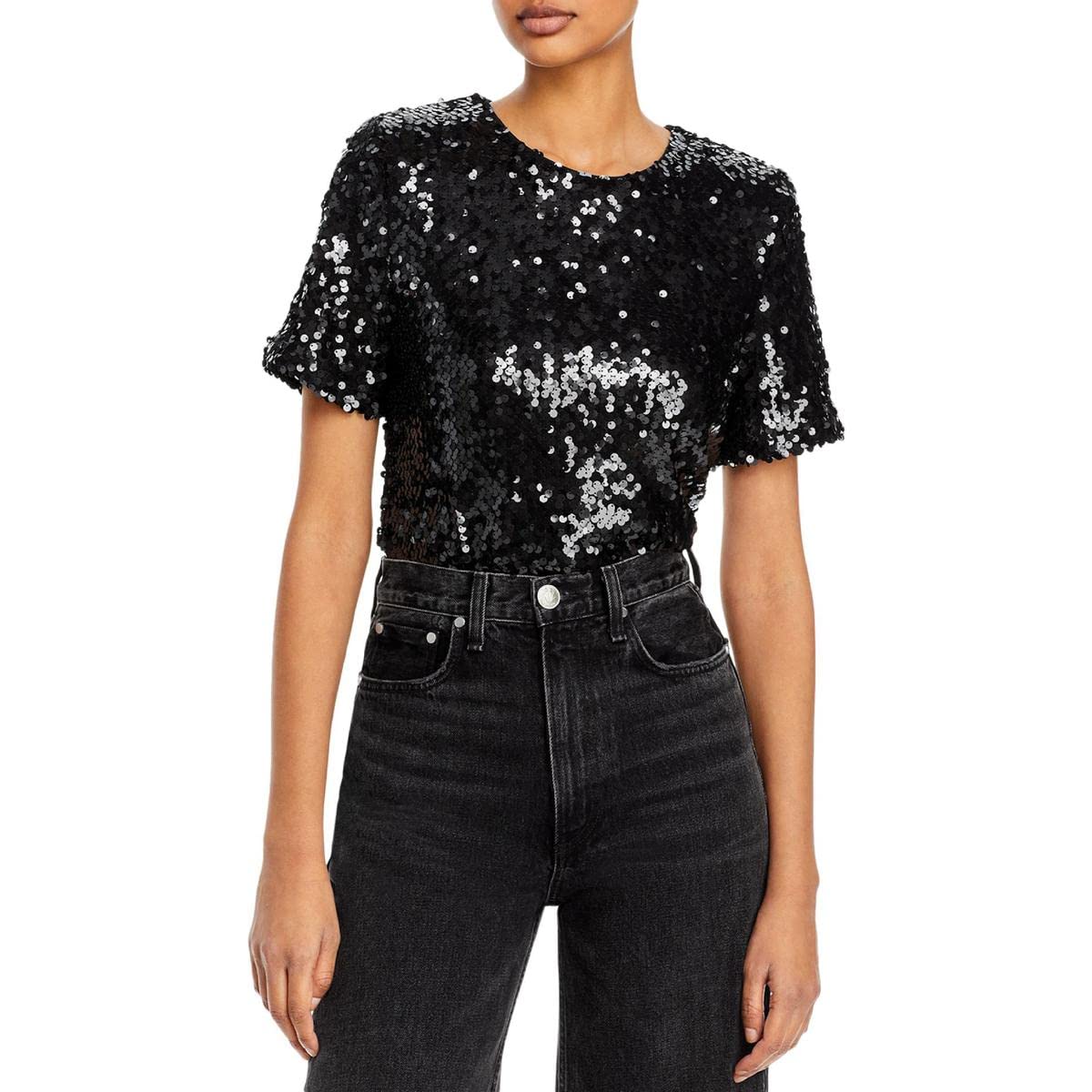 Womens La Dame Sequined Padded Shoulder T-Shirt