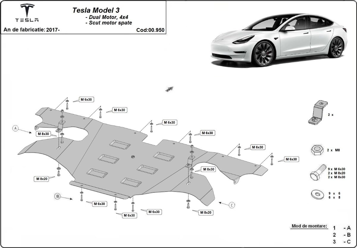 Protezione sottoscocca in acciaio per motore posteriore compatibile con Tesla Model 3 AWD (2017-2025) Protezione sottoscocca in acciaio per motore posteriore compatibile con Tesla Model 3 AWD