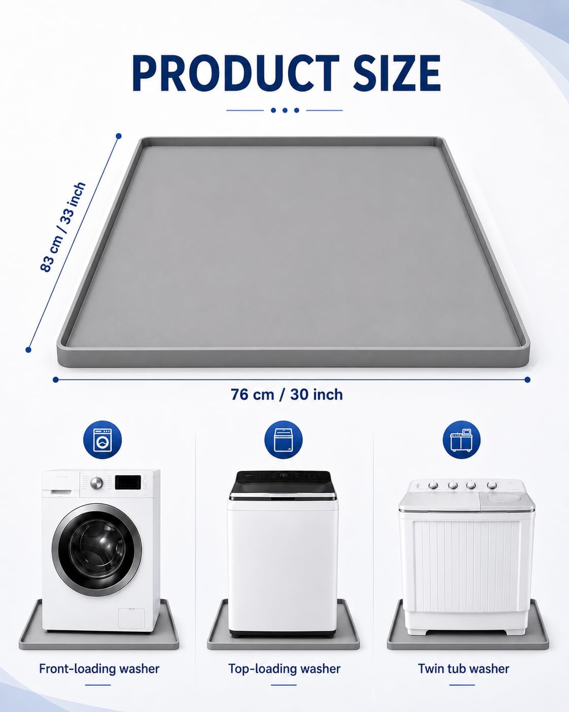 33"x30" Washing Machine Drain Pan Silicone Mat for Laundry Room,0.98" Raised Edge | 0.98" Raised Edge, Non-Slip Waterproof, 1.2mm Thick, Anti-Vibration Floor Leak Protector for Under Dryer & Washer