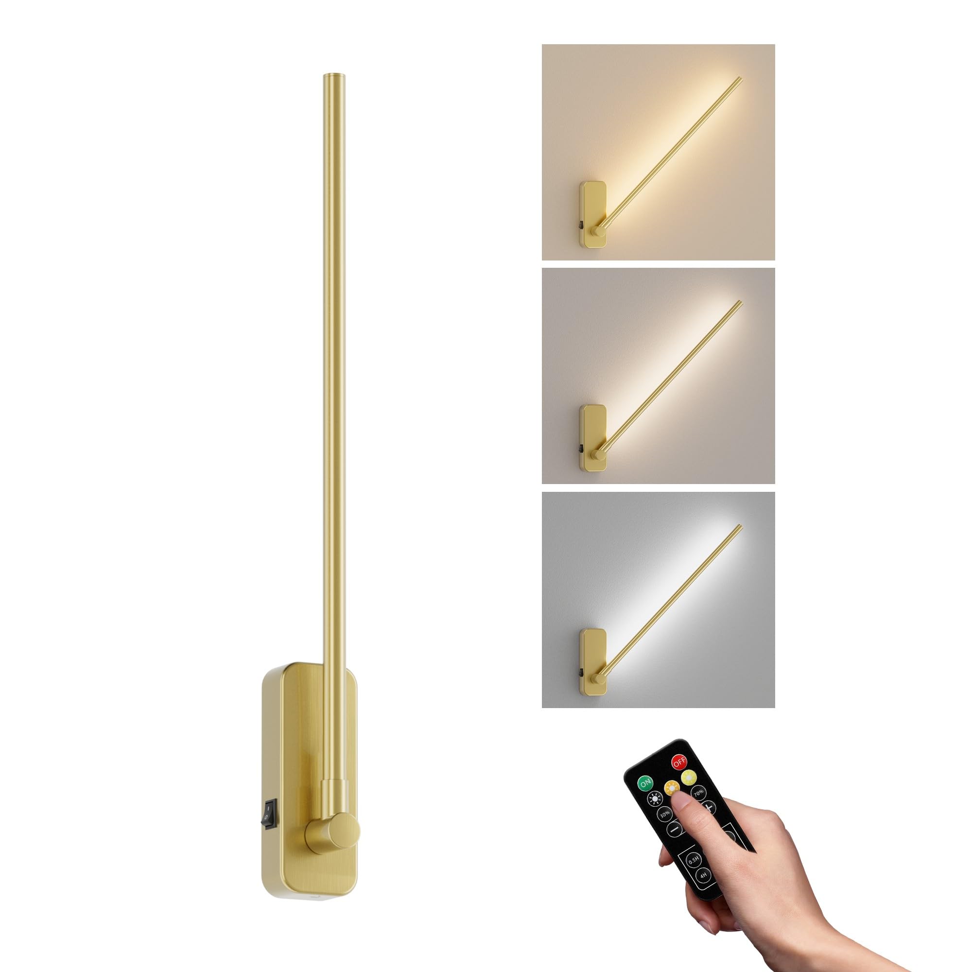 Aipsun Battery Operated Wall Sconces,Wireless Wall Light with Remote Control Rechargeable Gold Battery Wall Sconce 350°Rotate,Dimmable LED Wall Lights for Living Room,Bedroom (3000K&4000K&6000K)