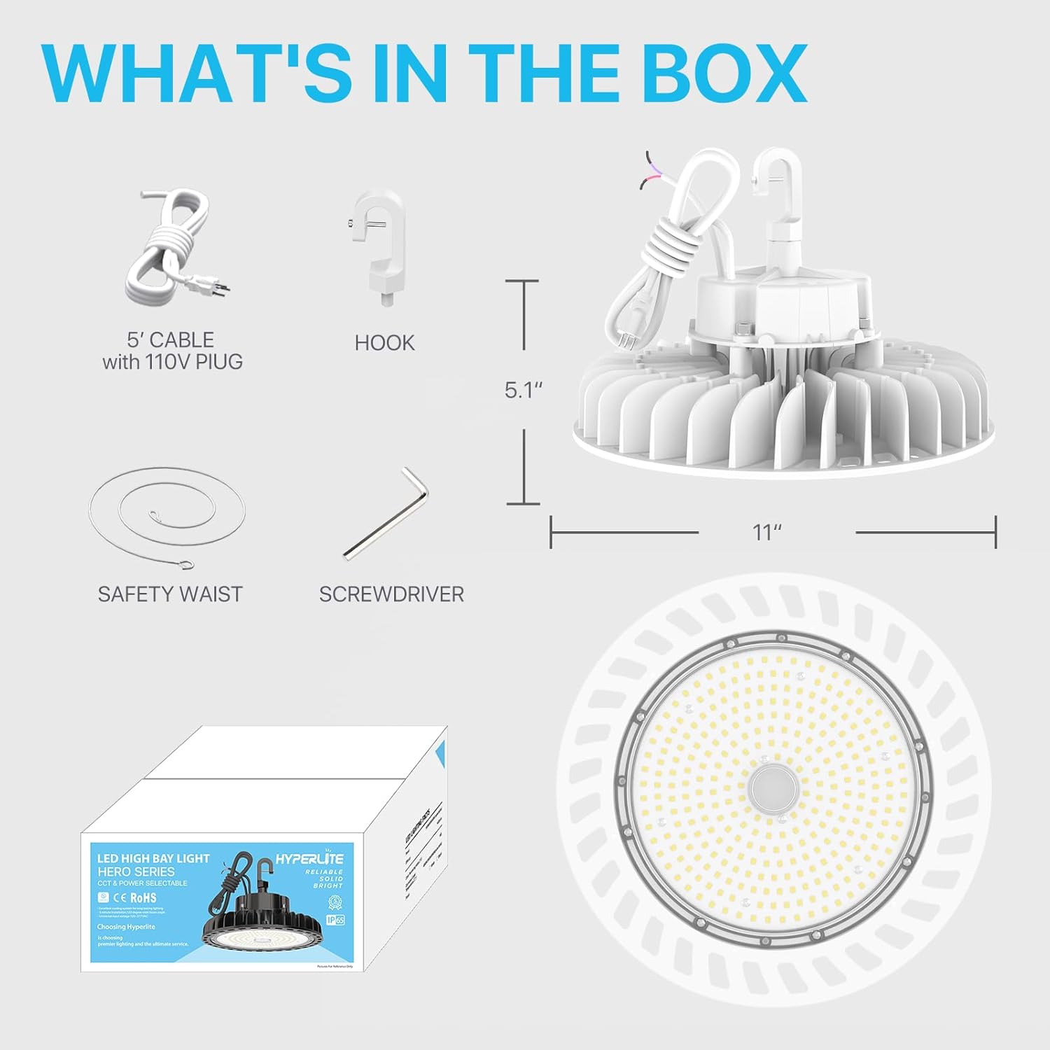 Package contents of HYPERLITE UFO LED High Bay Light