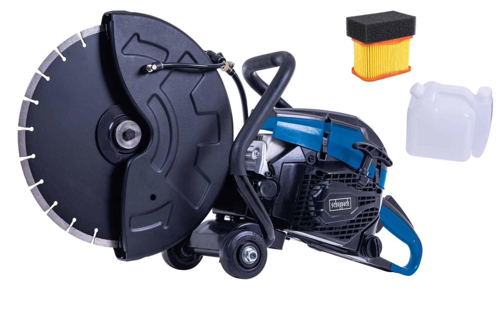 Scheppach PTS400 Concrete Saw | 2900 W | Cutting Disc 350 Mm | Cutting Depth 120 Mm | 2-Stroke Motor 3.95 HP / 65 Cm³ | EasyStart | Thermal Concrete Cutting Machine | Replacement Filter Included