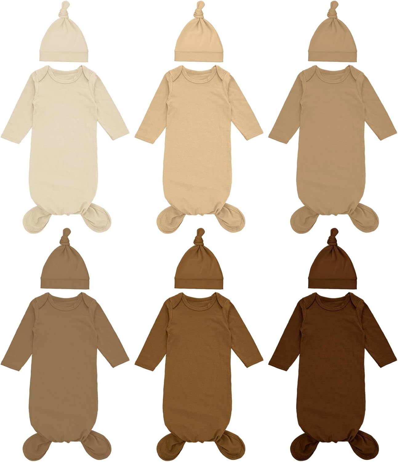 Cuffbow 6 Packs Newborn Baby Knotted Gowns Set 0-6 Months Cotton Sleeper Long Sleeve Nightgown and Hat Set for Infant Baby