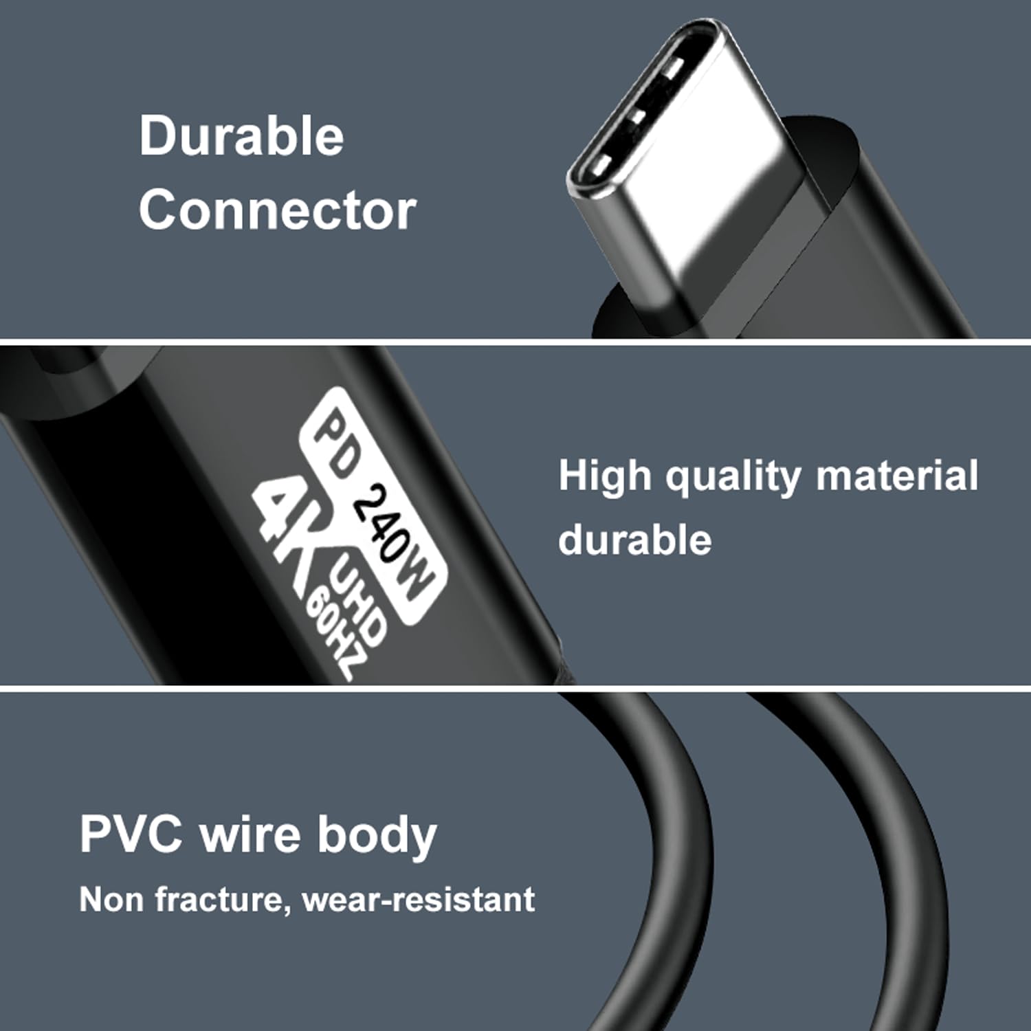 Cable USB C a USB C de 40 pies, 240 W (5 A) 4K60HZ USB3.2 GEN2x2, salida de video USBC de carga rápida y sincronización para monitor portátil Xreal MacBook Pro, iPad Pro, iPhone 15 Pro,