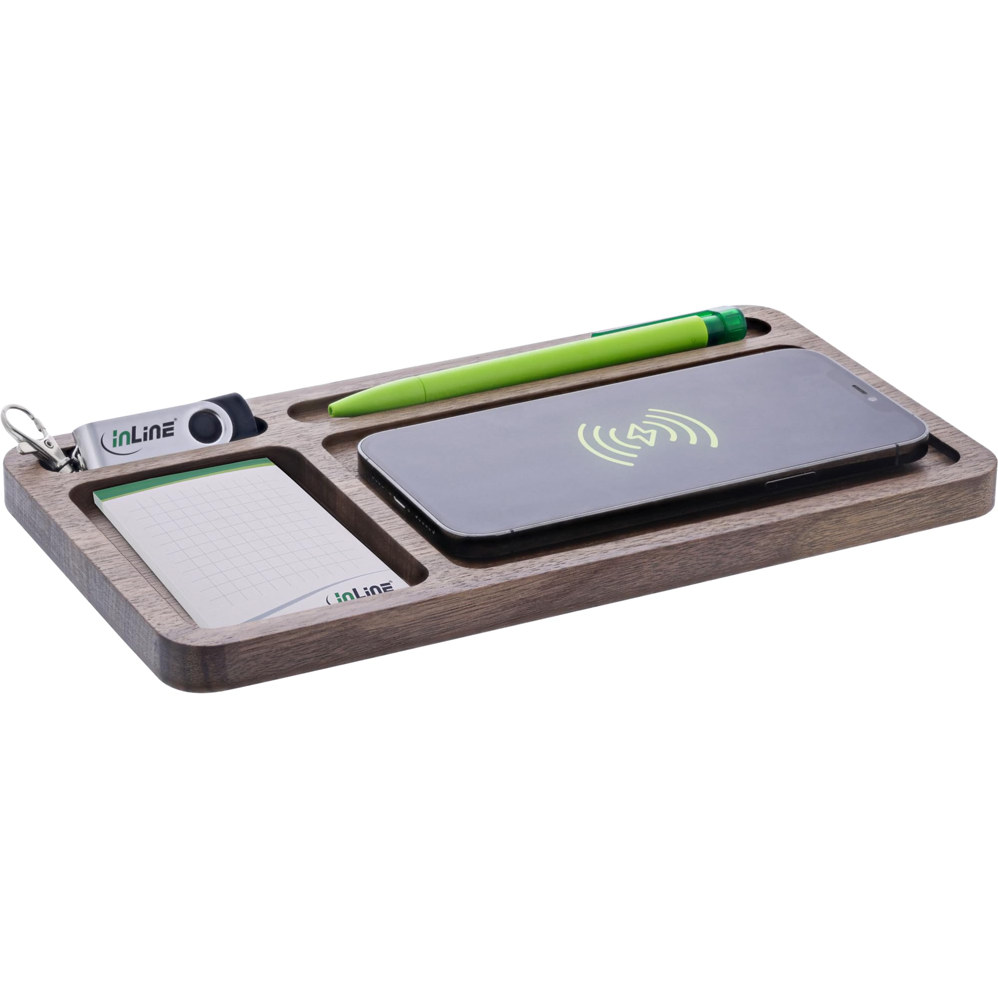 InLine® WoodCharge Organizer - Stazione di ricarica wireless Qi in legno di noce, organizer da scrivania con LED, 3 bobine, USB-C, Wireless Charger, 33392Y