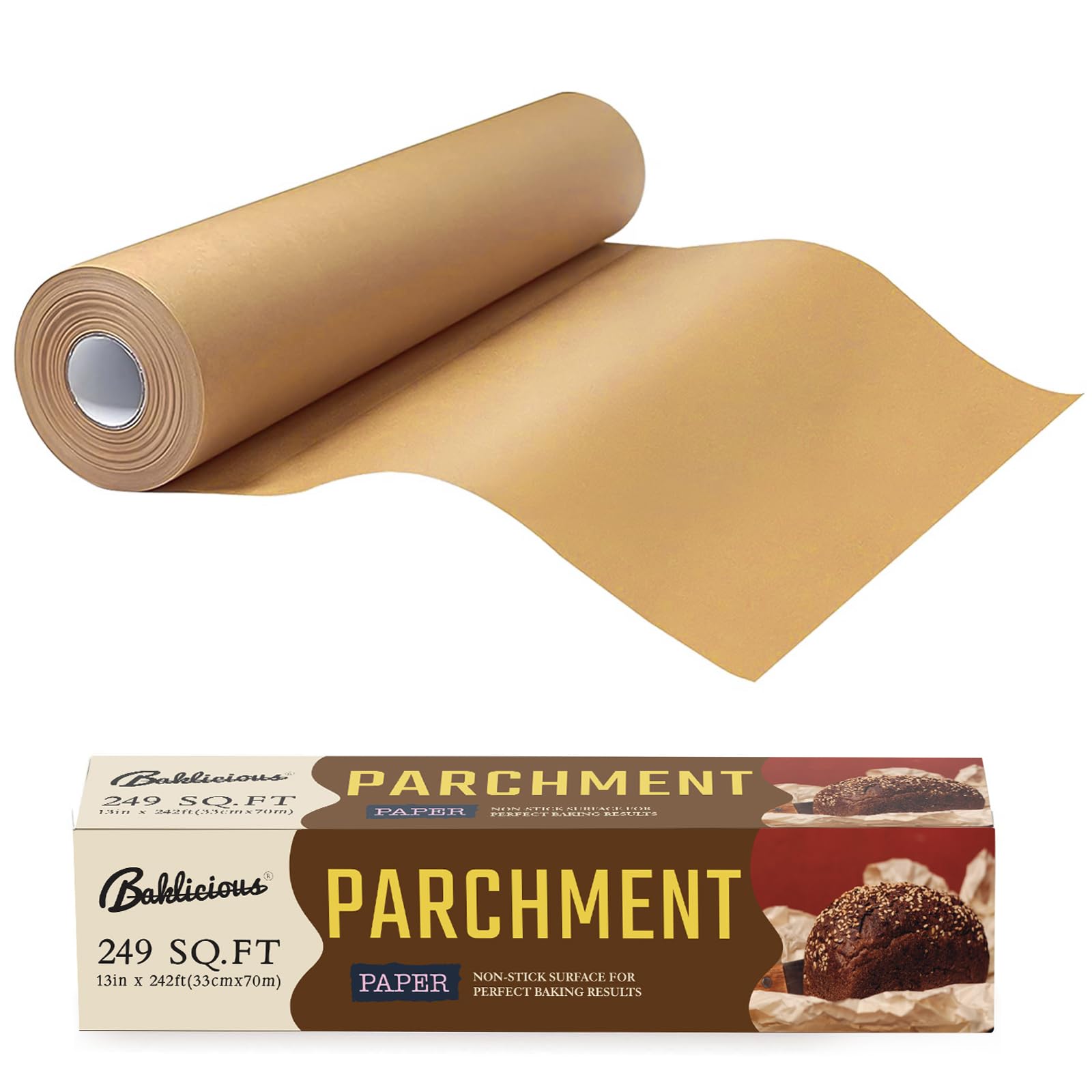 Baklicious - Rollo de papel pergamino sin blanquear para hornear, 33 cm x 242 pies, 249 pies cuadrados, papel de pergamino antiadherente para hornear, galletas, pan, horno, freidora de aire | Papel de pergamino antiadherente para hornear, galletas, pan, h