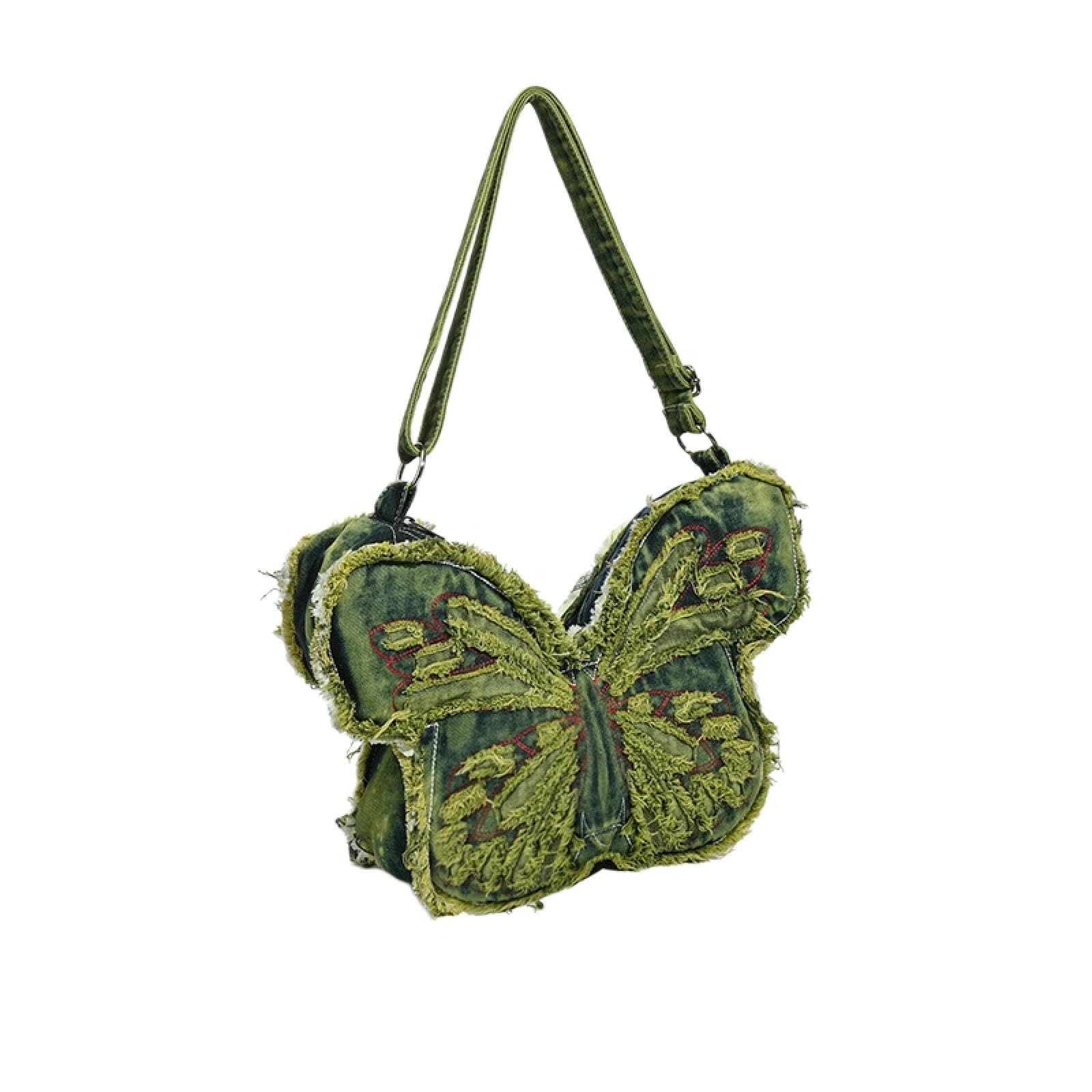 Borsa A Tracolla da Donna in Denim Lavato, Farfalla, Tracolla, Tracolla-Verde