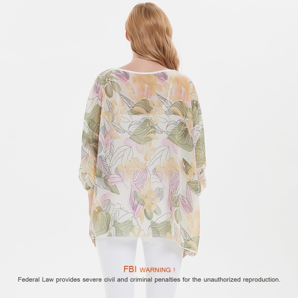 Women's Bohemian Style Batwing Sleeve Butterflies Printed Chiffon Caftan Poncho Tunic Top Beach Loose Shirt - Image 5