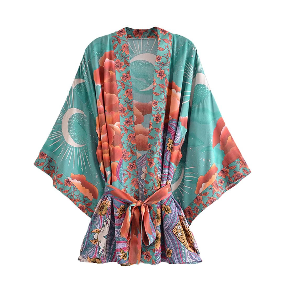 Moon Print Short Open Stitch Cover Ups Rayon Cotone Kimonos Donne