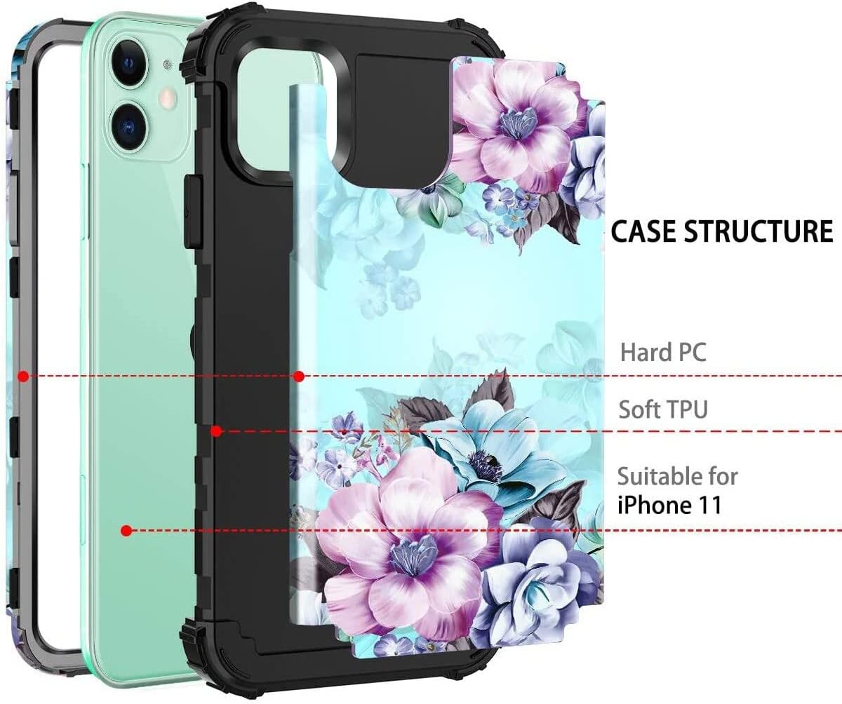Casetego Compatible with iPhone 11 Case,Floral Three Layer Heavy Duty Hybrid Sturdy Shockproof Full Body Protective Cover Case for Apple iPhone 11 6.1 inch,Blue Flower
