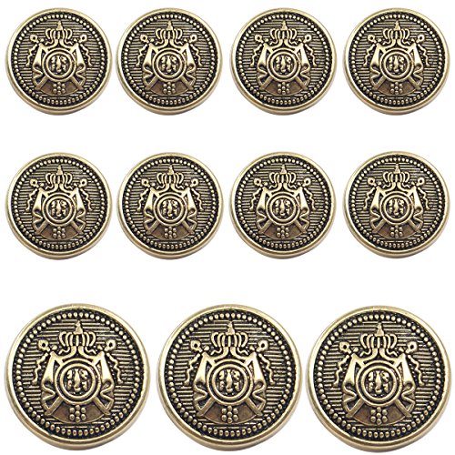 11 Piece Antiqued Black Silver Metal Blazer Button Set - Crown - for Blazer, Suits, Sport Coat, Uniform, Jacket (Bronze)