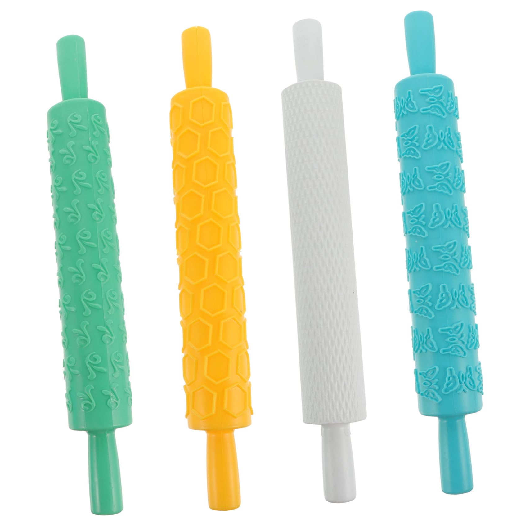 COLLBATH Geprägte Kunststoff Teigrolle 4 Stück mit Antirutschgriff Backwalze für Kekse Pasta Lebensmittelecht für Selbstgemacht Fondant Gebäck Zufällige Farbe