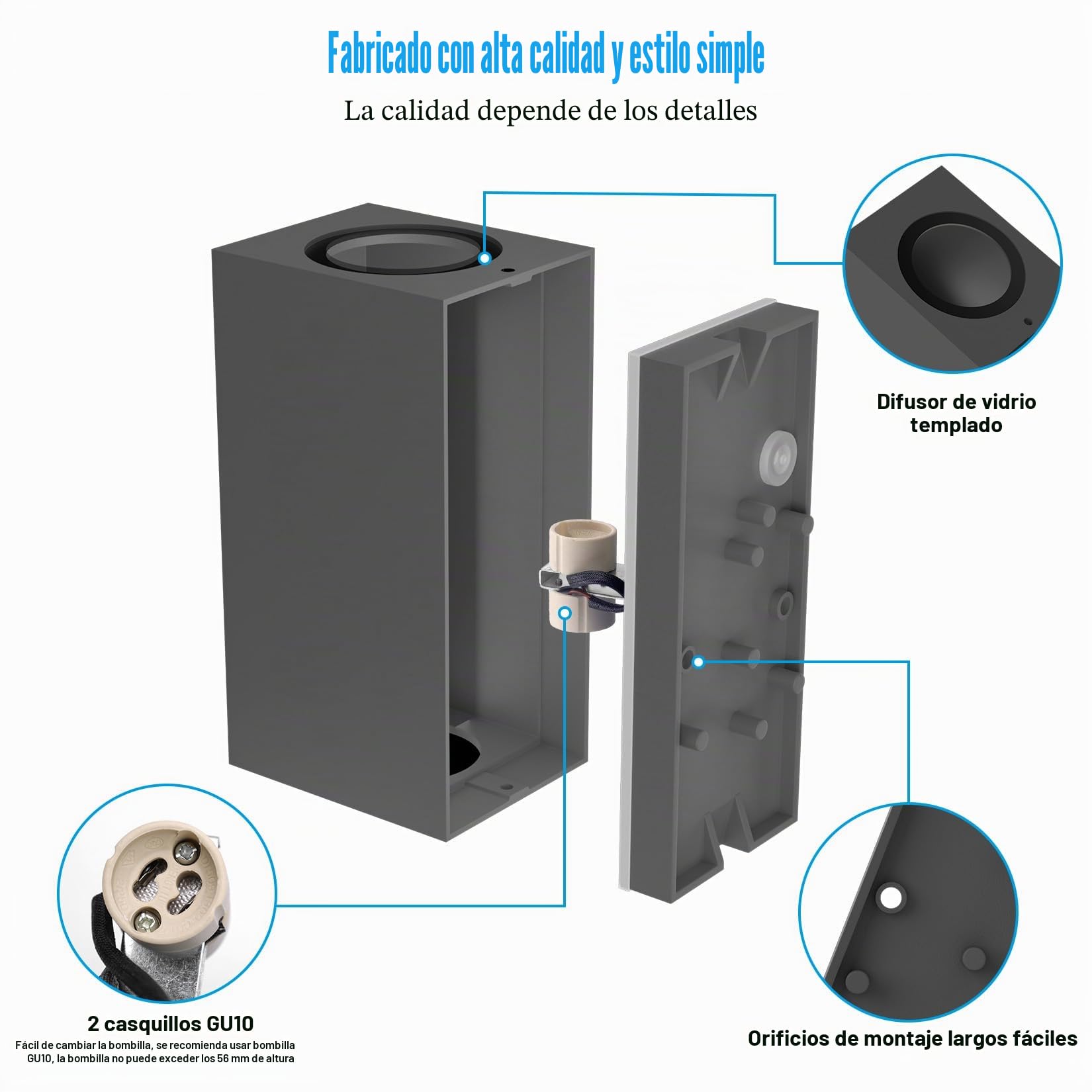 Aipsun 2 piezas Cuadrado Lámpara pared Exterior/Interior Gris oscuro | GU10 IP65 Impermeable Luz de Pared Aplique Exterior,Aplique de exterior moderno para terraza, jardín, pasillo(sin bombilla)