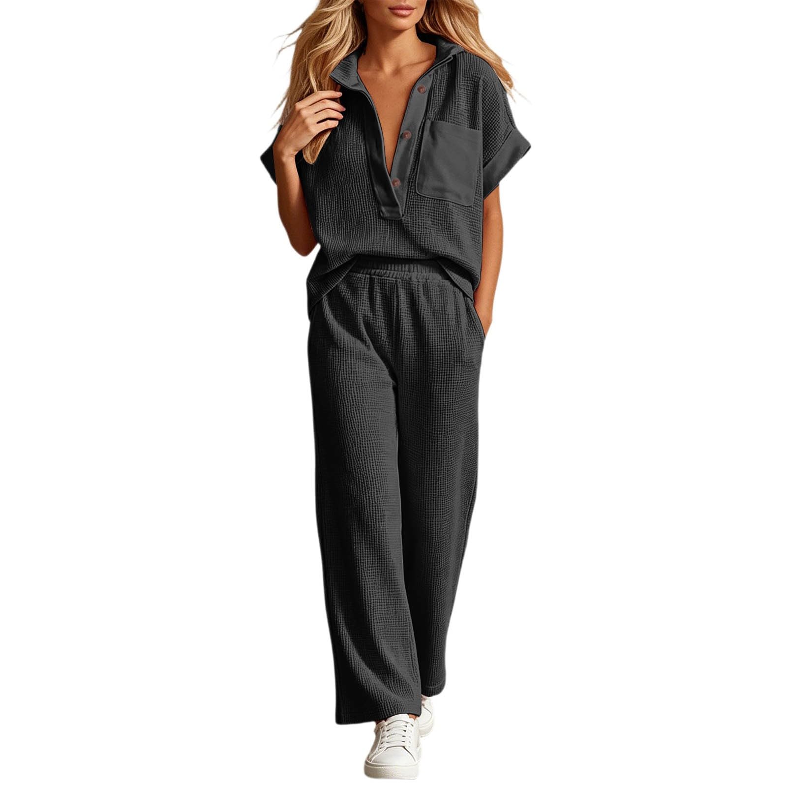 Ropa de dormir transpirable cuello en v y pantalon ancho para mujer traje ligero 6