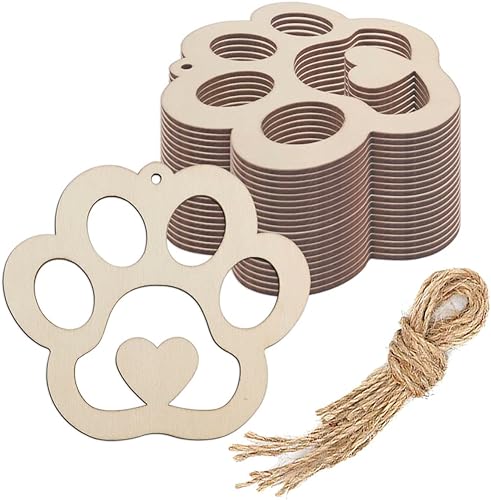 20 piezas de patas de perro, corazón, madera, manualidades, recortes, garra de gato, adornos colgantes en forma de corazón con cordeles de yute,