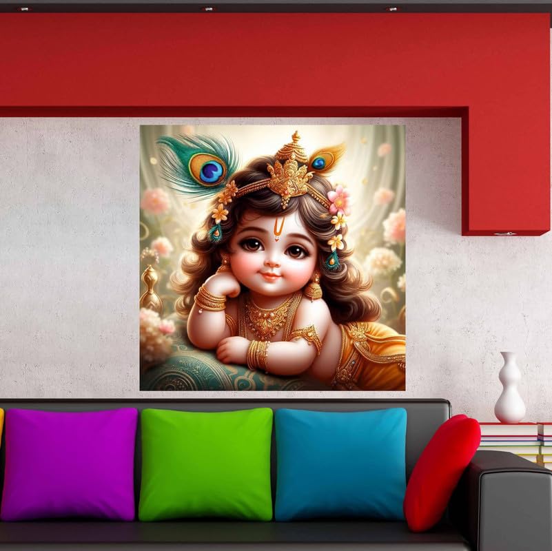 Image of British Terminal Cute little Bal Gopal Baby God Krishna| Kanha Ji | Laddu Lord Makhan Chor Painting Religious Poster for Pregnant Women for wall (matt thin vinyl,sticker,multicolor,unframed)| bj428
