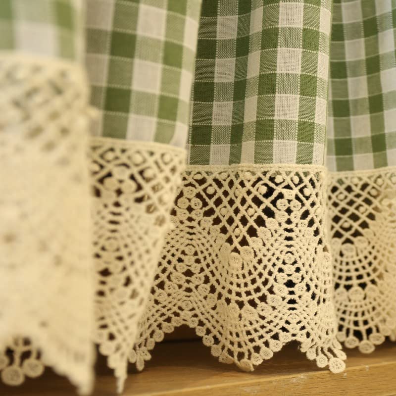 A.Monamour Tenda Corta per Finestra Piccola In Cotone Verde A Quadri Quadretti Scacchi Pizzo Ricamato Con Fiocchi Opaco Tendina Cucina Bistrot Caffè Mezza Mantovana Tenda a Vetro a Pannello Porta