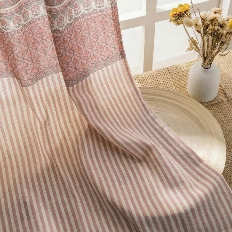 Image of Peepul Tree Pure Cotton Door Curtain in Dusty Pink and Off White with Ornate Florals and Bold Stripes| Set of 1 | 7 ft | Semi Blackout with 70% Light Blocking | Royal Courtyards Collection