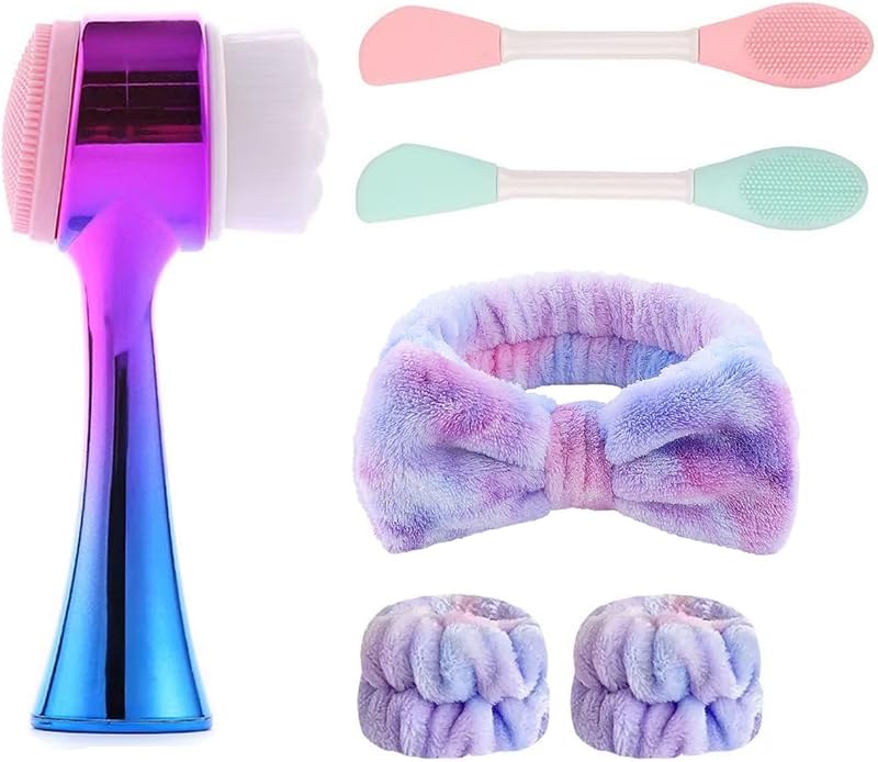 OHES Kit de escova manual para limpeza facial com faixa de cabelo, faixas para os pulsos e pincéis para máscara, 6 peças (Gradient Purple)