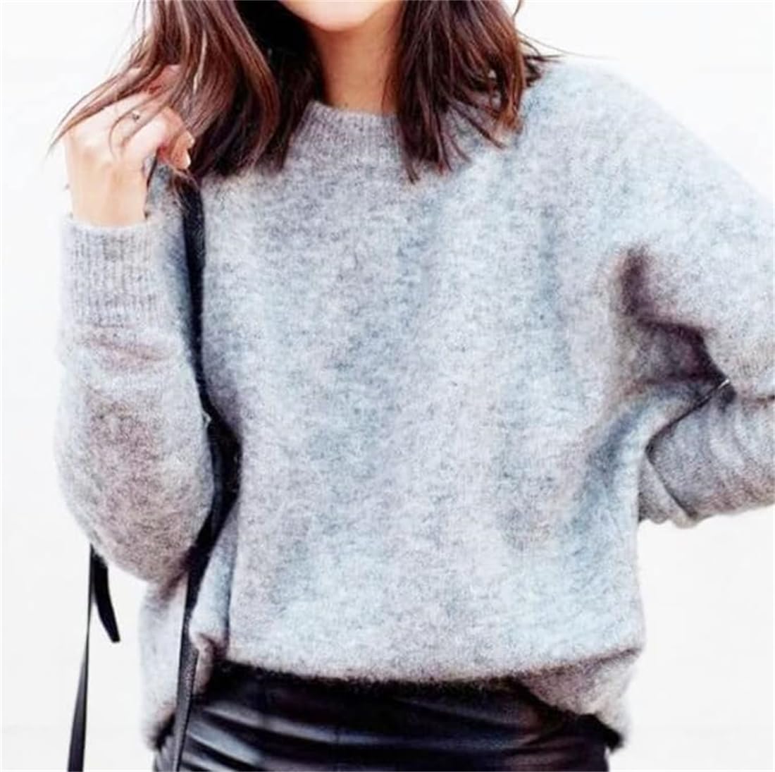 Suéter cálido y suelto de mezcla de cachemira Angora para mujer, suéter de punto de cuello redondo de color sólido