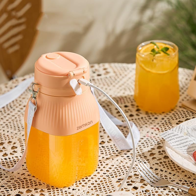 Portable Electric Juicer, Multifunctional Blender with Clear Container, Peach and White Design, USB Rechargeable Personal Size Juice Extractor with Carrying Strap