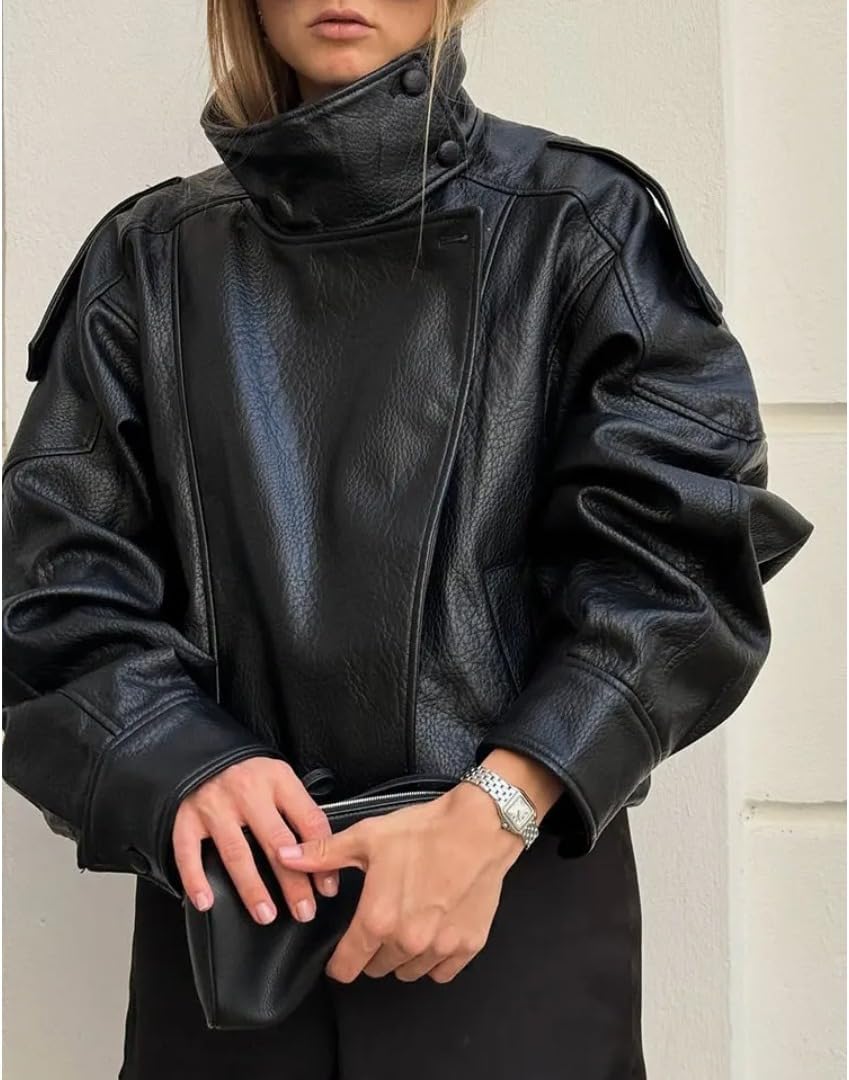 Women's Faux Leather Jacket, Casual Solid Color Long Sleeve PU Leather Coat with Zipper, Streetwear Jacket for Fall Winter
