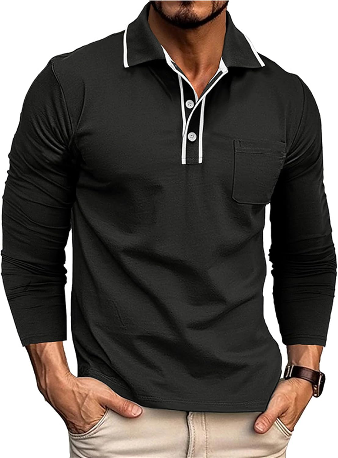 Mens Polo Shirts Long Sleeve Casual Stylish Collared Button Solid Color Golf T Shirts with Pocket