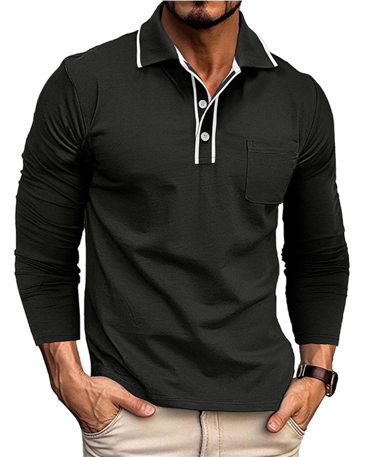 Mens Polo Shirts Long Sleeve Casual Stylish Collared Button Solid Color Golf T Shirts with Pocket