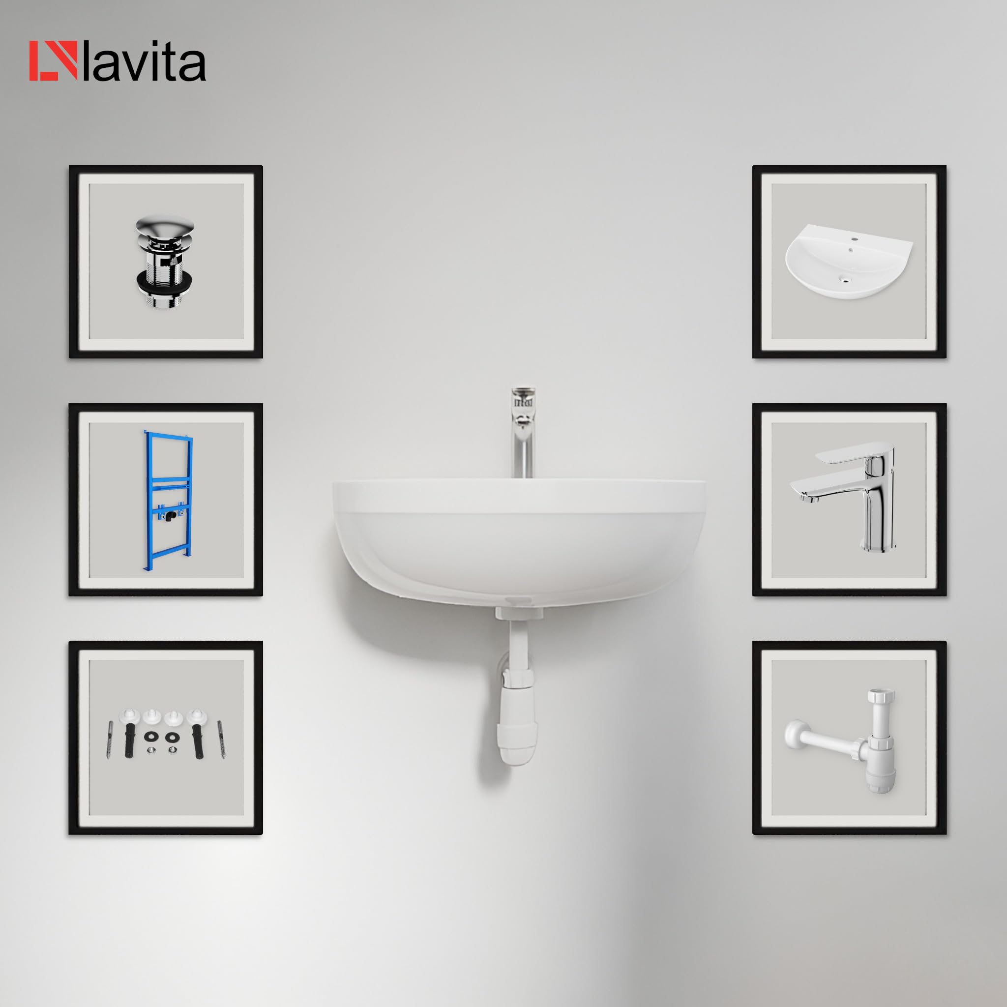 Lavita Waschbecken Komplettset – Wandwaschbecken Bart mit Armatur, Vorwandelement, Click-Clack-Ablauf, Siphon und Montageset, Weiß/Chrom