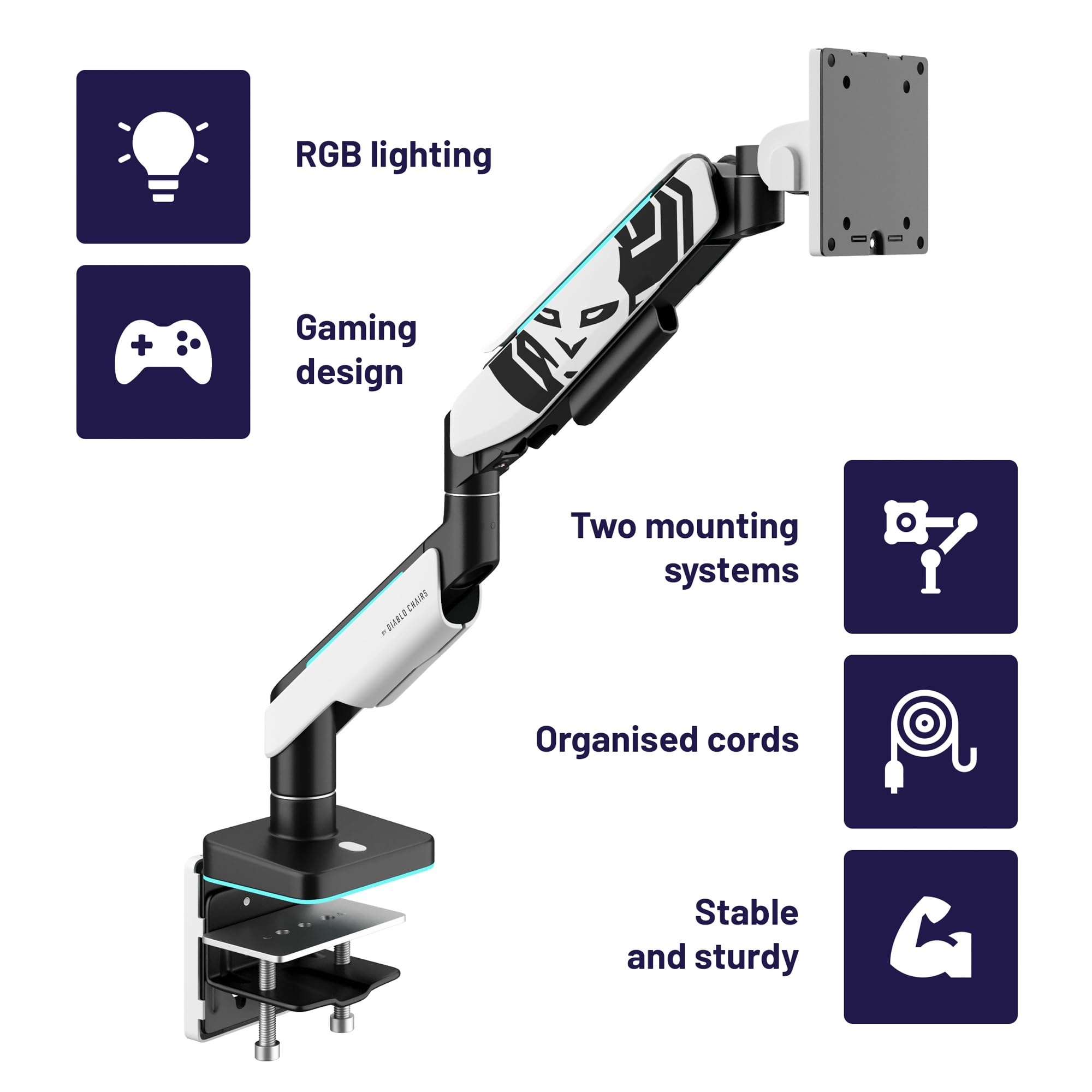 Diablo X-Arm Supporto monitor scrivania Braccio monitor Supporto per schermo da 17 – 49 pollici LED RGB VESA 75 & 100 mm Orientabile Rotazione Gestione cavi Portata fino a 20 kg Bianco-Nero
