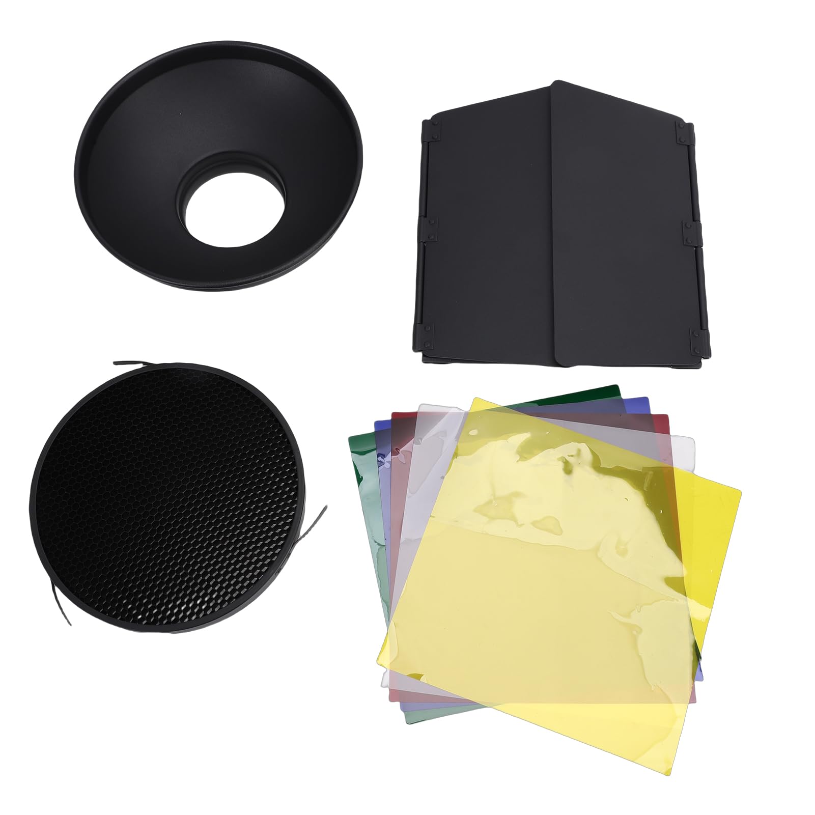 Kit para Puerta de Granero con Montaje Bowens con Reflector, Rejilla de Panal de 60°, 5 Filtros Magnéticos de Gel de Color para Luz Estroboscópica de Estudio, Juego de