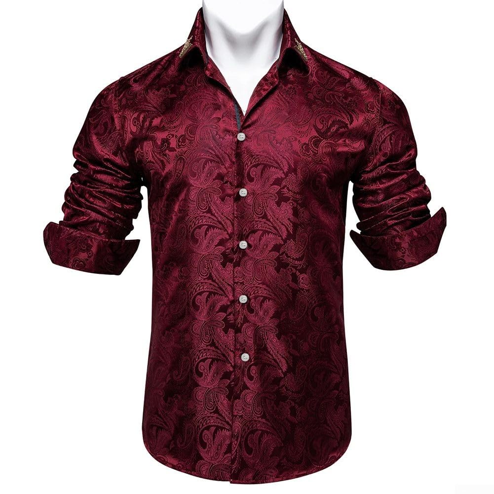 Chemise formelle à manches longues en soie pour homme pour smoking, mariage et fête (taille L) Rouge
