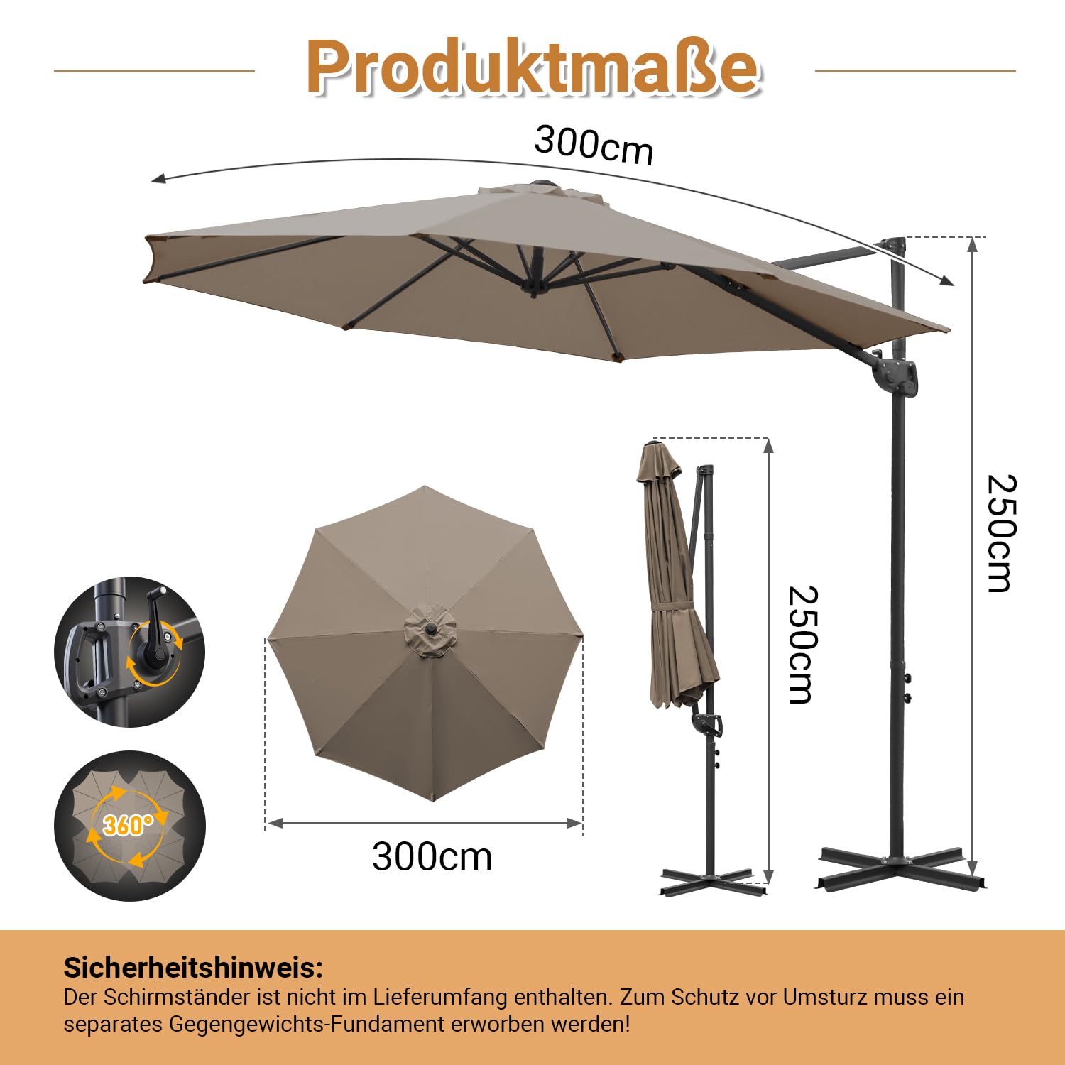 Sonnenschirm 300 cm Ampelschirm 3m, 360° drehbar, Gartenschirm mit Kurbel, 0-60° neigbar, UV50+, 8 Rippen, 48mm Mast, mit Kreuzfuß, optional mit Solar LED, Terrasse Garten