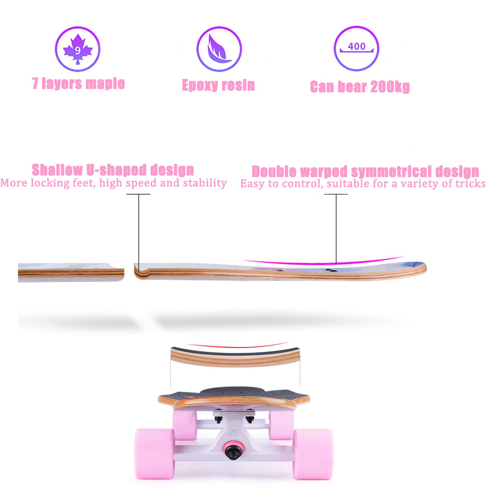 43"Longboard Skateboard Double Kick Planche à roulettes Concave, 7 Couches Canadiennes de Danse en Bois D'érable avec Roues LED PU pour Enfants, Adolescents et Adultes Débutants,Cat