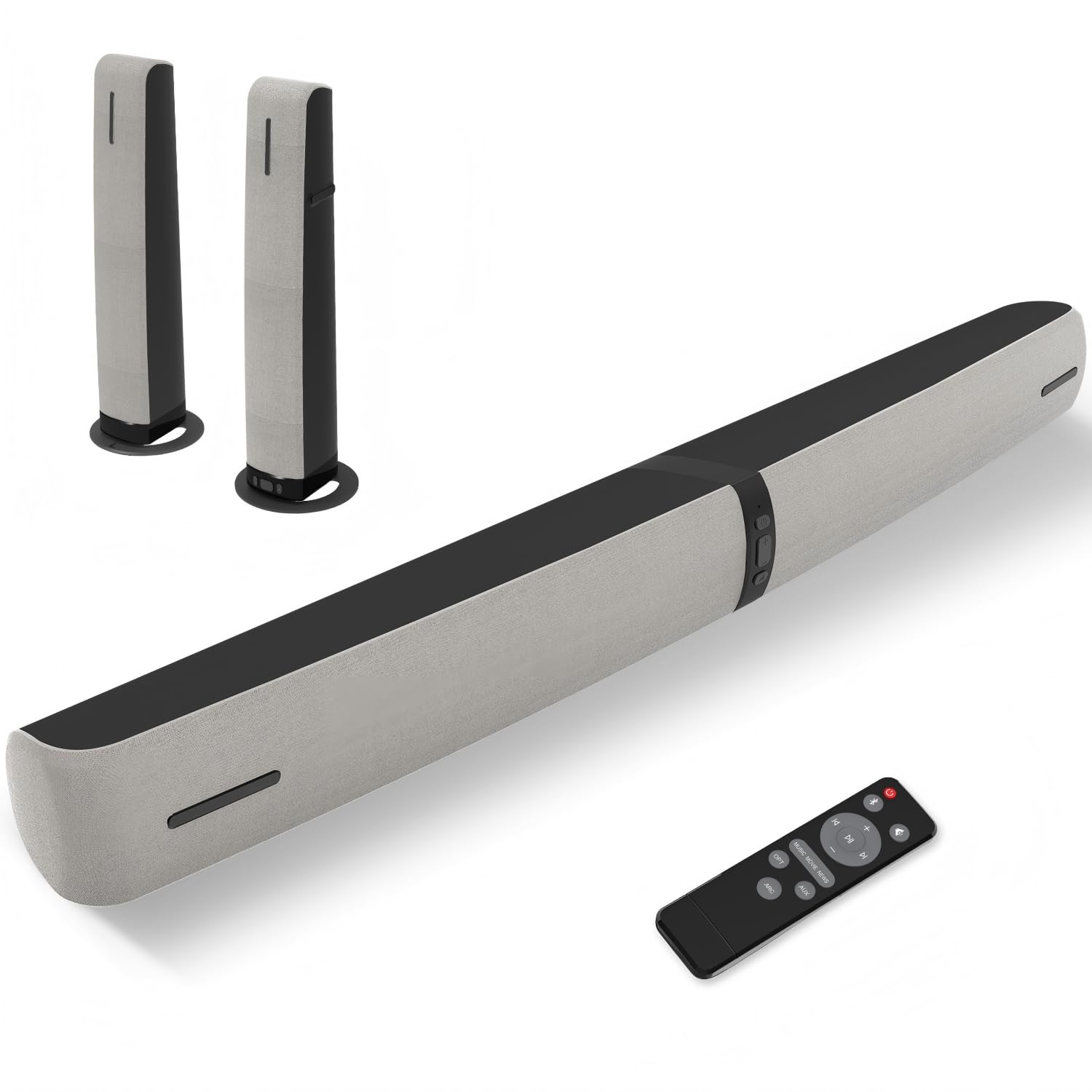 Assistrust Sound Bar for Smart TV, 90W Soundbar with Bluetooth 5.3/ARC/Optical/AUX Connect, Auto Volume Boost, 3 Customizable Equalizer Modes, 2 in 1 Detachable Soundbar for TV/PC/Gaming/Projectors