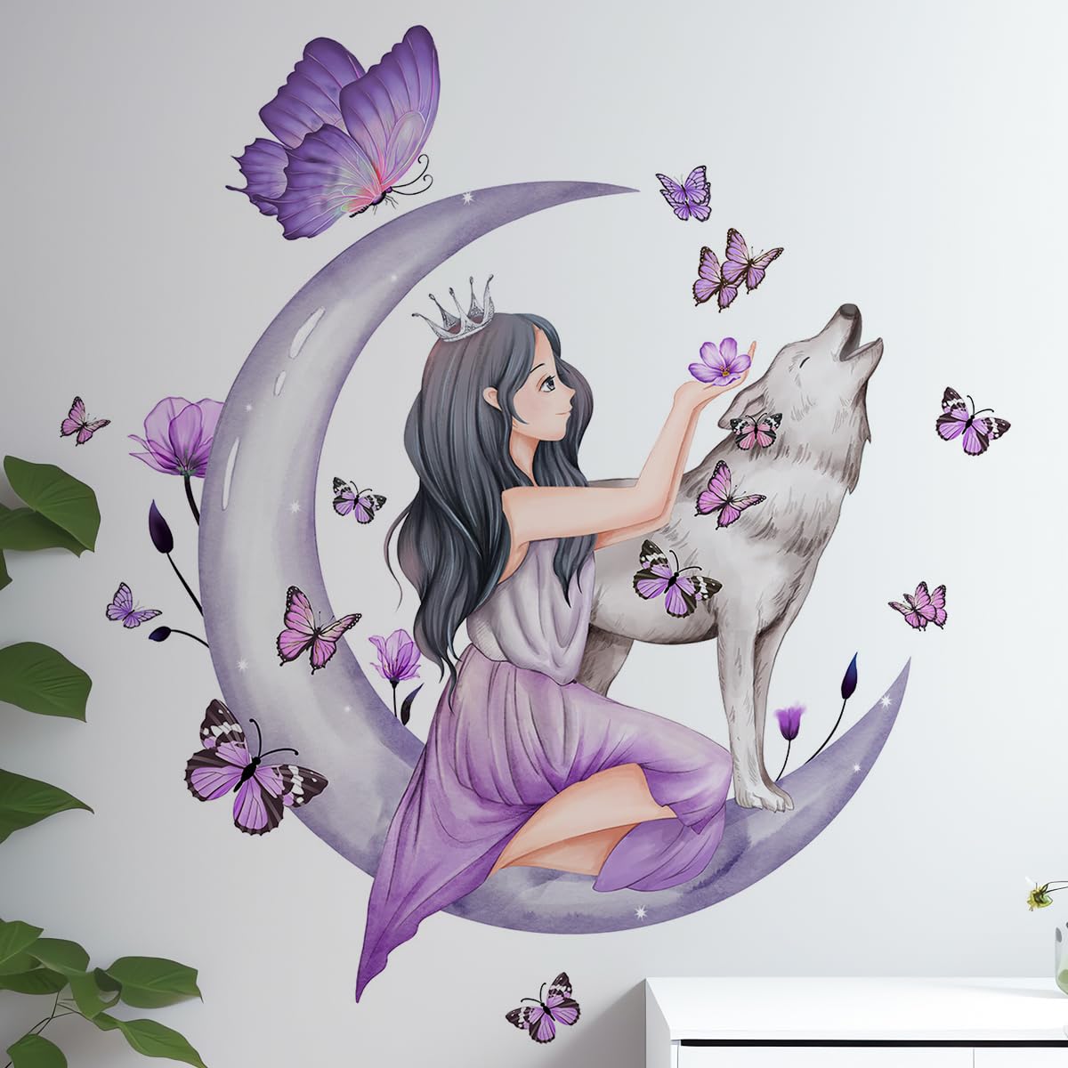 Pegatinas Pared Decorativas Infantiles, Luna Lobo Flor Hada Pared Calcomanía, 70 * 75cm Vinilos Personalizados, Decoracion Habitacion Niña, Vinilos Decorativos para Dormitorio, Sala de Estar