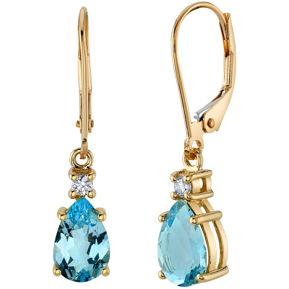 Peora 14K Yellow Gold Genuine Aquamarine and Diamond Teardrop Leverback Earrings for Women 2 10 Carats total Pear