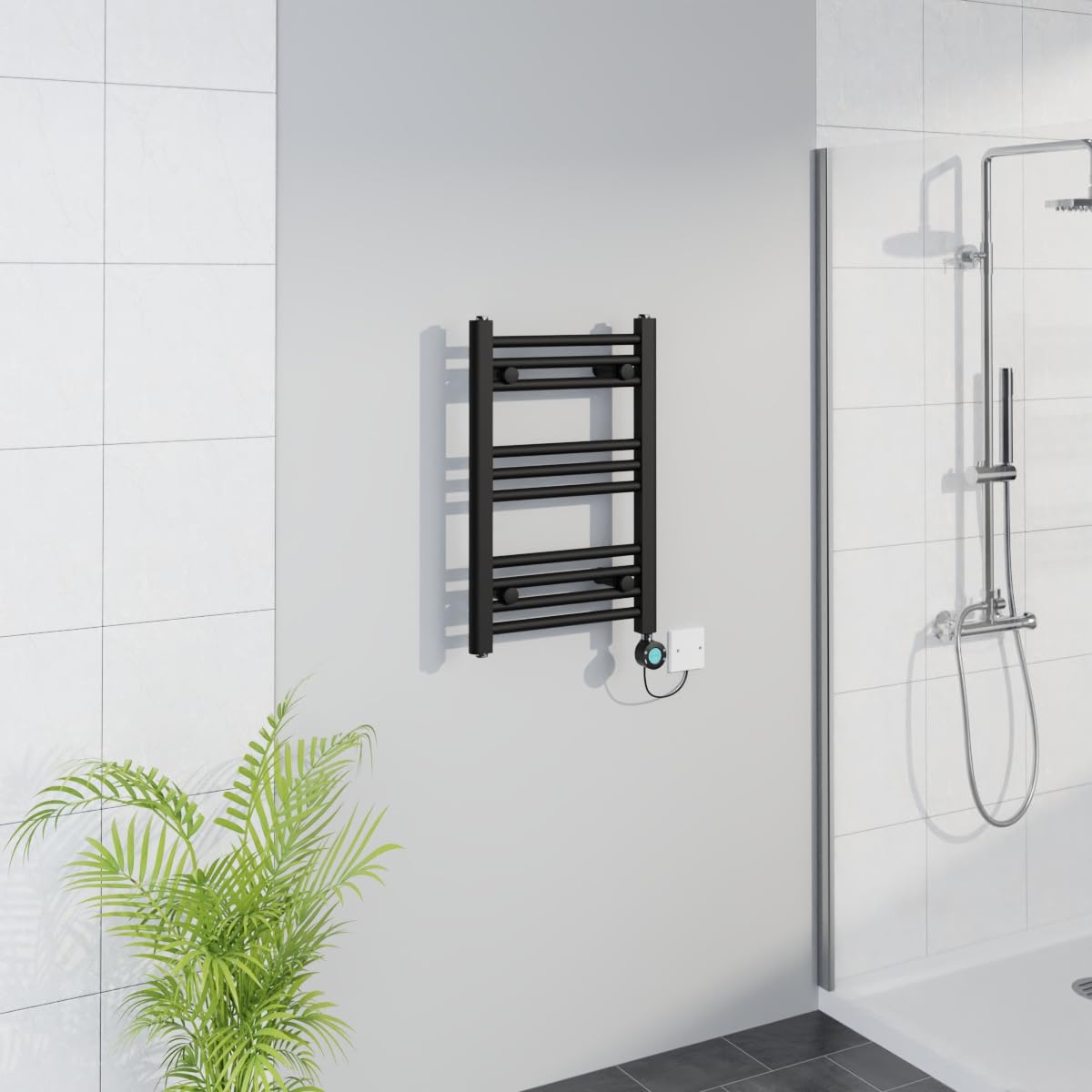 Warmehaus Black Smart Wifi Thermostatic Electric Bathroom Straight Heated Towel Rail Warmer Radiator With Timer 600X400mm