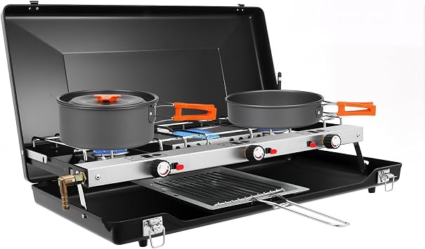 3-Burner Gas Camping Stove, Portable Foldable Propane/Butane Stove with 4.5kW High Power, Piezo Ignition, Windshield Lightweight Camping Stove for Outdoor Cooking, BBQ, Picnic, Hiking